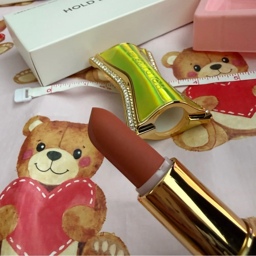 Muted Red Cinnamon Brick Lipstick in Gorgeous Lime Green Yellow & Gold Packaging
